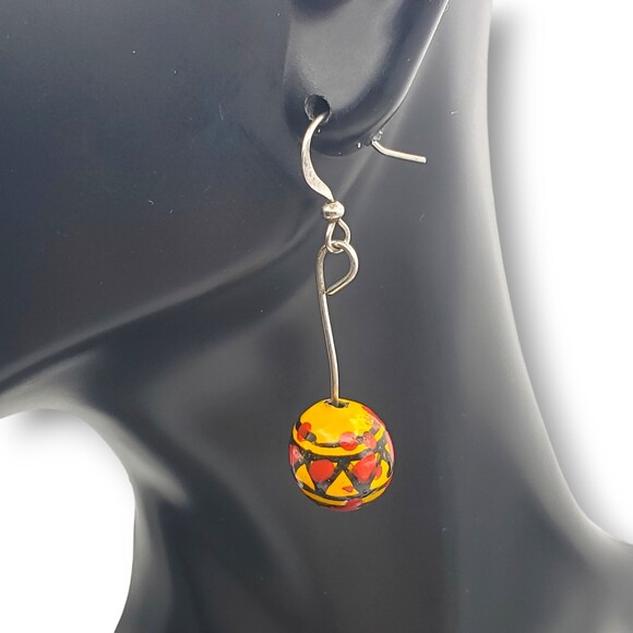 Red Yellow Black Hand Painted Wood Bead Dangle Drop Hook Earrings - Picture 1 of 7